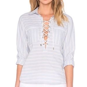 Saylor Striped Lace Up Nautical Blue White‎ Blouse Top Women’s Sz XS NWT